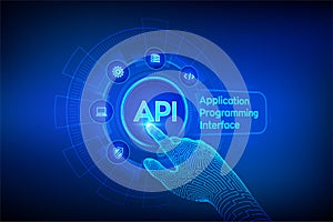 API. Application Programming Interface, software development tool, information technology and business concept on virtual screen.