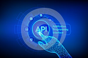 API. Application Programming Interface, software development tool, information technology and business concept on virtual screen.