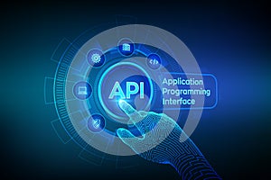 API. Application Programming Interface, software development tool, information technology and business concept on virtual screen.