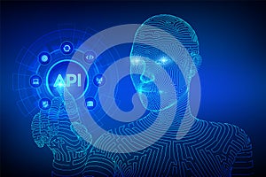 API. Application Programming Interface, software development tool, information technology and business concept on virtual screen.