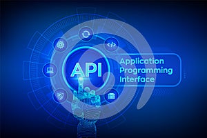 API. Application Programming Interface, software development tool, information technology and business concept on virtual screen.