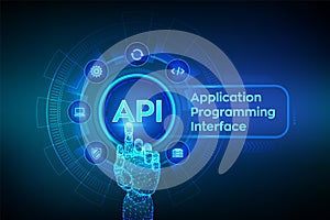 API. Application Programming Interface, software development tool, information technology and business concept on virtual screen.