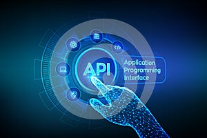 API. Application Programming Interface, software development tool, information technology and business concept on virtual screen.