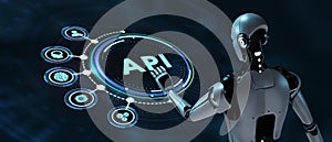 API - Application Programming Interface. Software development tool. Robot pressing button on virtual screen. 3d render