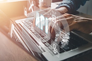 API - Application Programming Interface, Woman using laptop computer with VR screen API icon on office desk, Software development