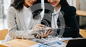 API Application Programming Interface, woman using laptop, tablet and smartphone with virtual screen API icon Software development