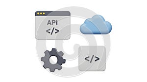 Api, cloud, gear, and code icons isolated on white background