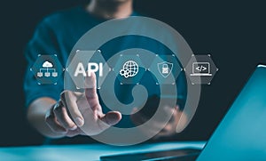 API Concept. Application Programming Interface, Person with API related technology icons, cloud computing, global network, and