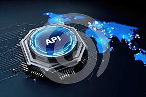 Api concept structure: data exchange, software bridge, system integration, command protocol, digital connection