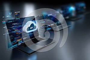 Api concept structure: data exchange, software bridge, system integration, command protocol, digital connection