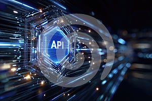 Api concept structure: data exchange, software bridge, system integration, command protocol, digital connection