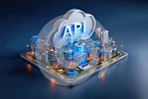 Api concept structure: data exchange, software bridge, system integration, command protocol, digital connection