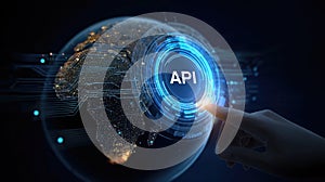 Api concept structure: data exchange, software bridge, system integration, command protocol, digital connection