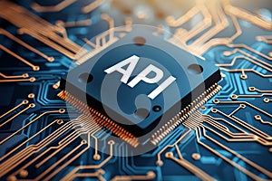 Api microchip on circuit board depicts application programming interface conceptual integration