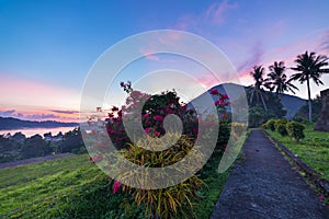 Api volcano at sunset, sitting at view from Banda Naira fort, Maluku Moluccas Indonesia, Top travel tourist destination, dramatic