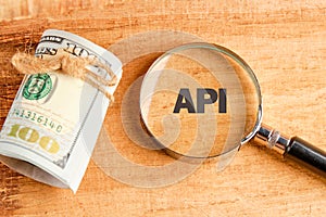 API (application program interface). The concept of technology and development. Phrase, words, text API through
