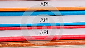 API (application program interface). The concept of technology and development. Phrase, words, text API close-up