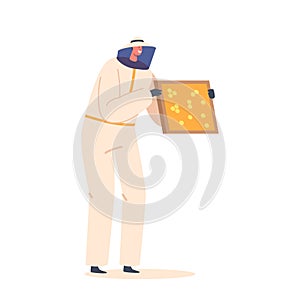 Apiarist Beekeeper Character Holding Holding Wooden Frame Full Of Honeycomb, Observing The Health And Productivity