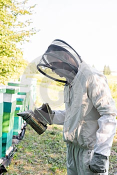 apiarist in protective suit and helmet