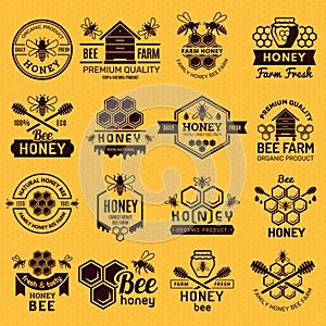 Apiary badges. Labels or logos for honey products natural healthy eco food stamps vector set