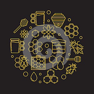 Apiary and beekeeping round vector illustration in line style