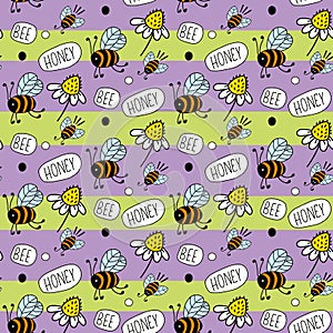 Apiary with bees and daisies, text Honey Bee. Vector seamless pattern on striped background.