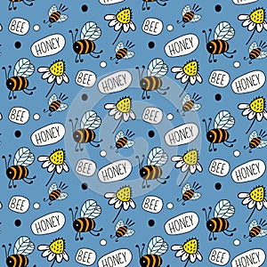 Apiary with bees and flowers, text `Honey Bee`. Vector seamless pattern on blue background.