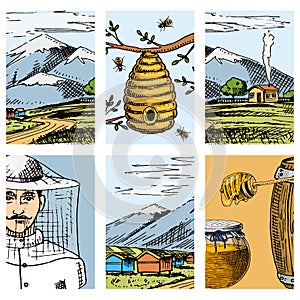 Apiary farm cards hand drawn vintage honey making farmer beekeeper illustration nature product by bee