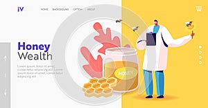 Apiary Healthy Production. Organic Natural Sweet Food Landing Page Template. Doctor Character Hold Flower with Bee