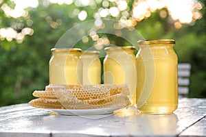 Apiary hive frame with bees wax structure full of fresh bee honey in honeycombs. on white backgroundGlass of fresh liquid