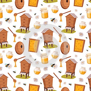 Apiary honey bee houses seamless pattern vector illustrations