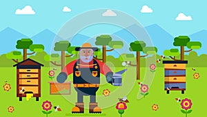 Apiary natural eco organic food products farm vector illustration. Man beekeeper apiarist in protective suit with