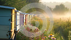 Apiary among wildflowers. Bee hives in a sunlit meadow. Beekeeping. Concept of apiculture, honey farming, serene