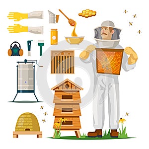 Apiculture icons with beekeeper in hiver suit