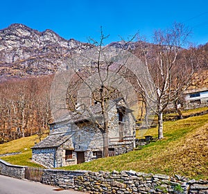 Apine architecture of Frasco, Valle Verzasca, Switzerland photo