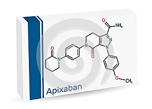 Apixaban molecule. It is pyrazolopyridine, anticoagulant and direct inhibitor of factor Xa which is used to decrease the risk of