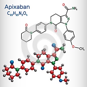 Apixaban molecule. It is pyrazolopyridine, anticoagulant and direct inhibitor of factor Xa which is used to decrease the risk of