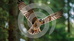 Aplomado Falcon flying in the forest with beautiful wings