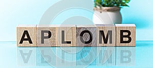 APLOMB word made with building blocks, blu background photo