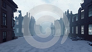 Apocalypse city in the snow. The camera flies through the ruined city. Deserted post-apocalyptic street in the rubble of