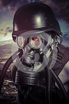 Apocalypse, nuclear disaster, man with gas mask, protection