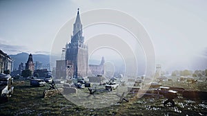 Apocalypse of Russia. Aerial View of the destroyed Moscow city, red square. Apocalypse concept. 3d rendering.