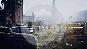 Apocalypse of Russia. Aerial View of the destroyed Moscow city, red square. Apocalypse concept. 3d rendering.