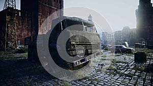 Apocalypse of Russia. Aerial View of the destroyed Moscow city, red square. Apocalypse concept. 3d rendering.