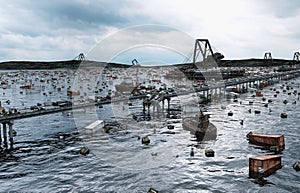 Apocalypse sea view. Destroyed bridge. Armageddon concept. 3d rendering.