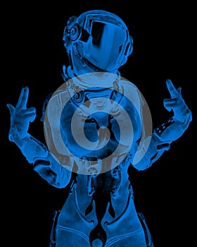 Apocalyptic astronaut girl exploring arround duotone x ray