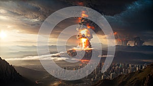 Apocalyptic Atomic Cityscape: Fiery Explosions and Scenes of Doom