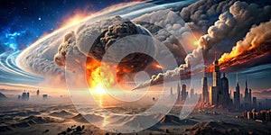 Apocalyptic cityscape fiery celestial event and urban devastation. Generative AI