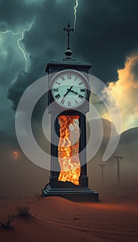Apocalyptic Clock Tower in Desert with Fire and Lightning Weatherscape Illustration