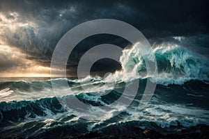 Apocalyptic dramatic background giant tsunami waves. ai generative